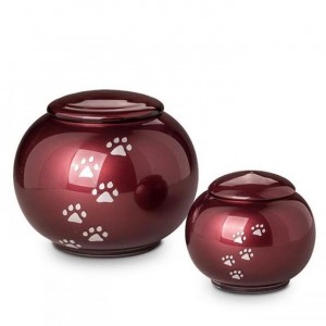 Crystal - Pet Cremation Ashes Urn - Round Design - (Red with Silver Pawprints)